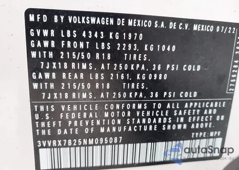 2022 Volkswagen Taos 1.5T Se z USA, uszkodzony, nr VIN 3VVRX7B25NM095087